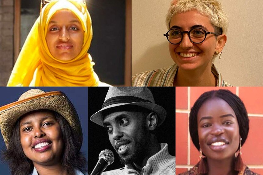 A collage of portraits of five poets/performers with refugee backgrounds