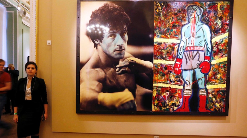 The painting, Champion Due, at the exhibition, Sylvester Stallone. Painting. From 1975 Until Today.