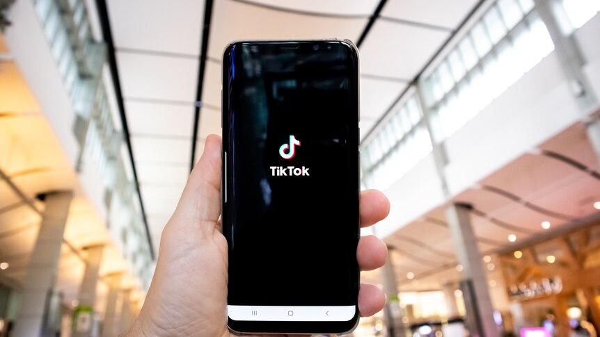  A person holding up a phone with the TiktTok app open. 