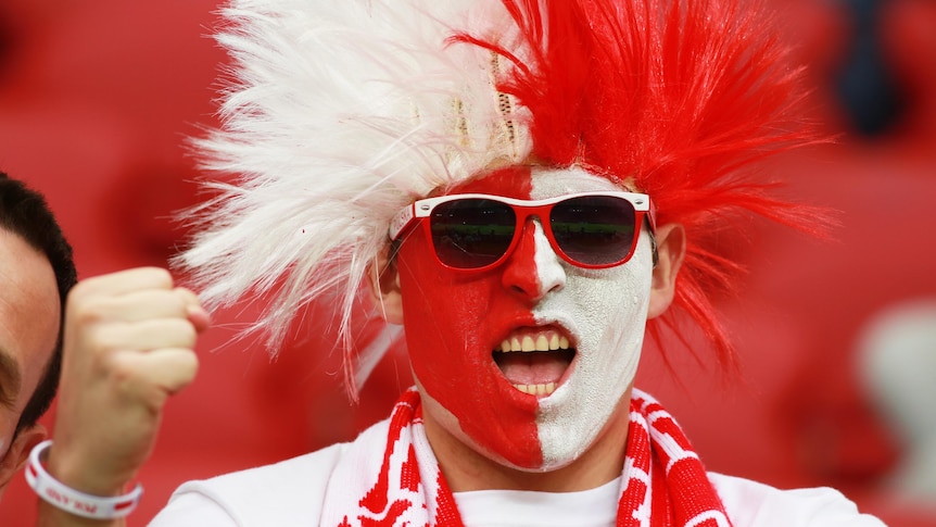 Poland supporter at Euro 2012 watches the Poland v Russia game.
