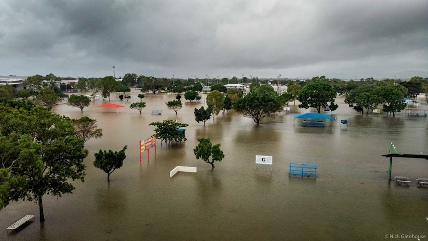 A park affected by flood waters in Townsville, Queensland.