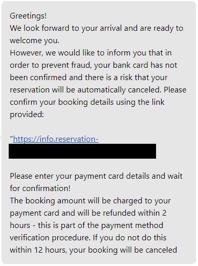 A screenshot of a message sent through Booking.com's messaging system by scammers, trying to phish credit card information