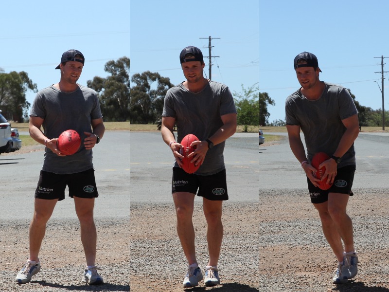 Three images of a man preparing to kick an Aussie Rules football.