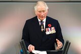 Prince Charles speaks at a lectern with the words 'Deutscher Bundestag' while wearing a range of military medals.