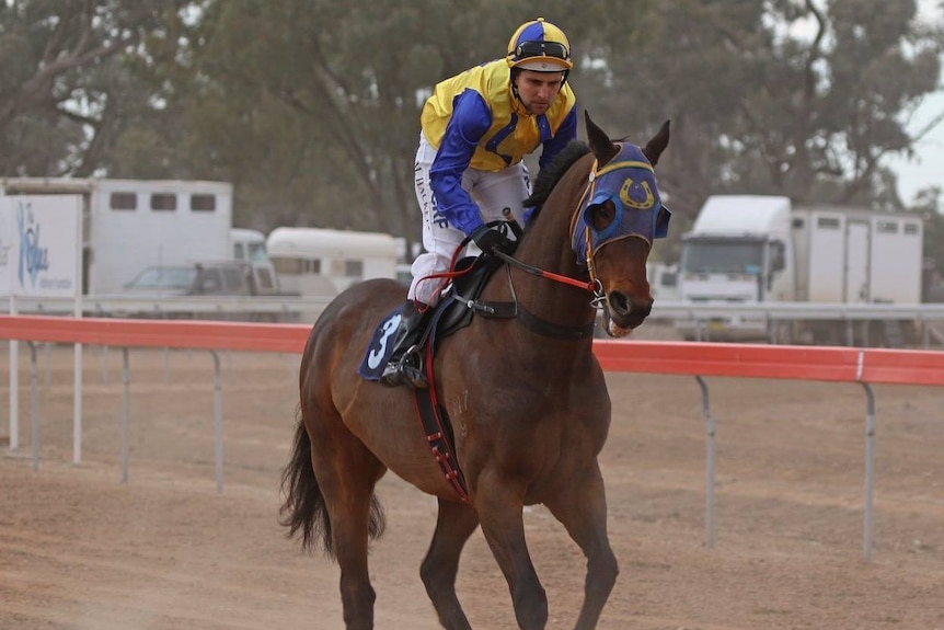 A jockey rides a horse on a dirt track.