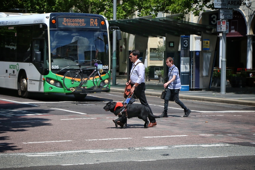 Un hombre blanco con cabello castaño corto caminando por una calle muy transitada con un perro guía negro