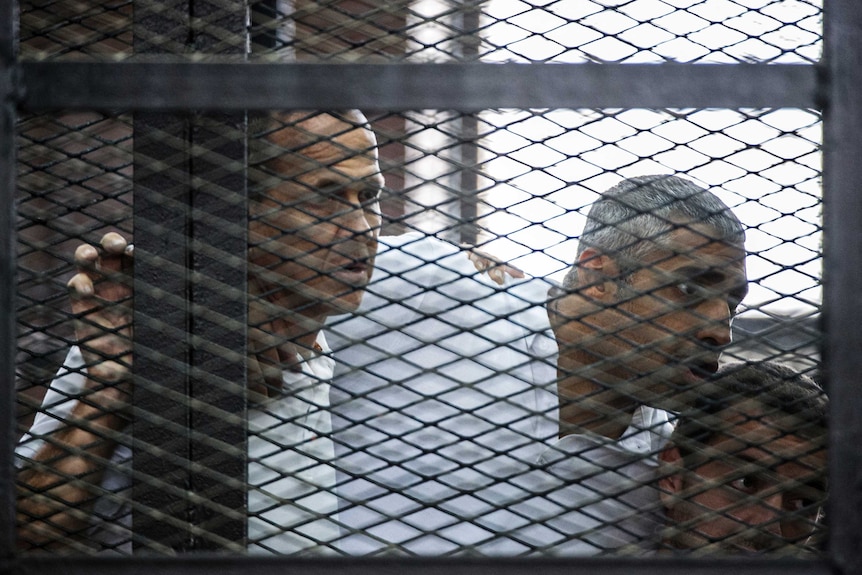 Peter Greste, Mohamed Fahmy and Baher Mohamed listen to their verdict.