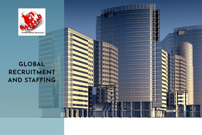 A screenshot of a corporate website showing an image of skyscrapers, a logo and the words "Global Recruitment and Staffing".