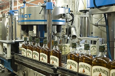 A production line of alcohol bottles