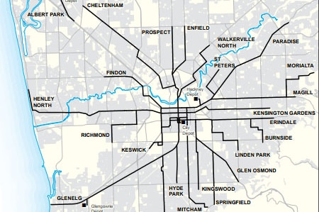 A map showing Adelaide's tram routes during the 1870s through to the 1950s