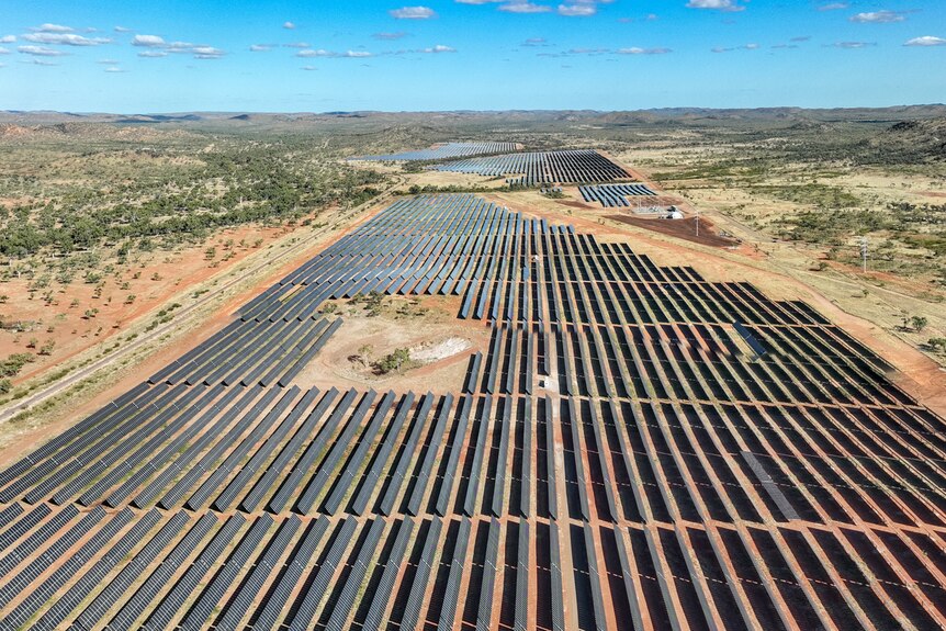 An aerial view of a remote solar farm