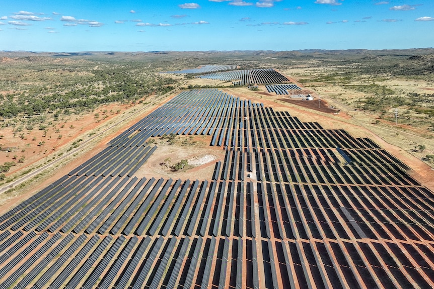 An aerial view of a remote solar farm