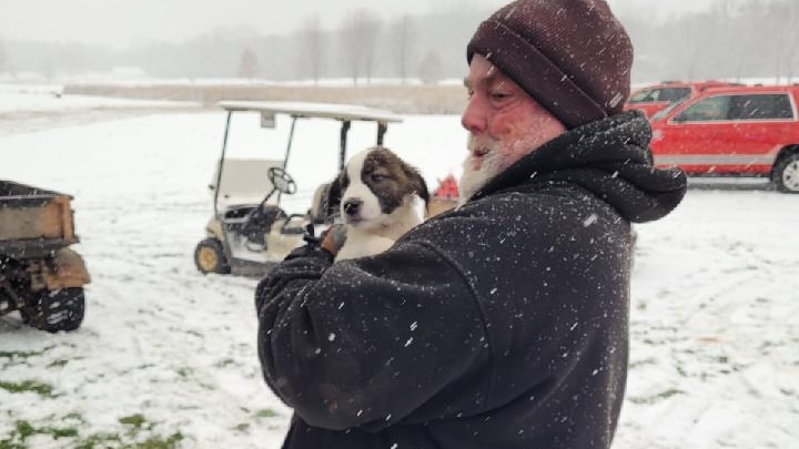 A man holding a small dog in the snow with golf carts in the background. 