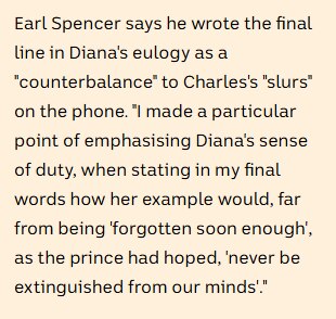 Earl Spencer says the final line in his eulogy was a "counterbalance" to Charles's "slurs" on the phone.