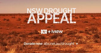 A promotional image for the ABC's drought appeal, with a dry, red-dirt paddock in the background.