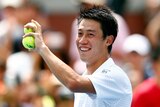 Japan's Kei Nishikori celebrates after beating American Wayne Odesnik at the US Open.