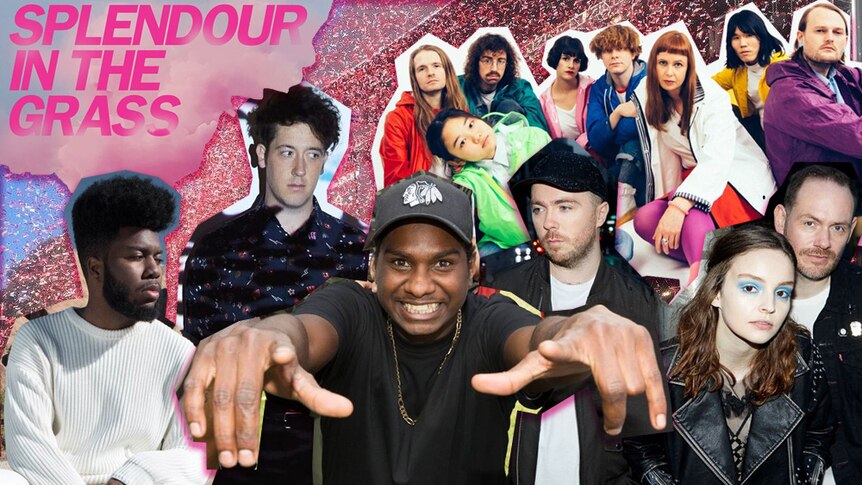 A collage of Splendour 2018 artists: Khalid, Baker Boy, The Wombats, Superorganism, and Chvrches