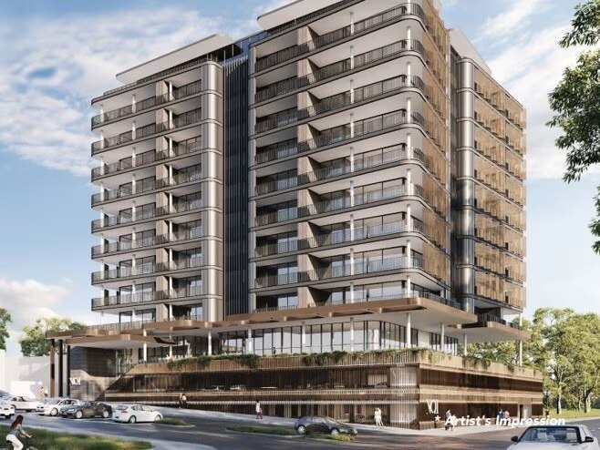 An artist's drawing of a proposed highrise building.