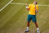 Lleyton Hewitt celebrates defeating Marin Cilic during the London 2012 Olympic Games.