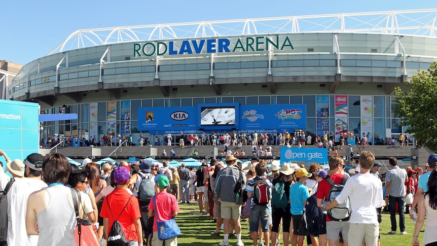 Crowds line up to enter Rod Laver Arena on the first day of the Australian Open in Melbourne on January 16, 2012.
