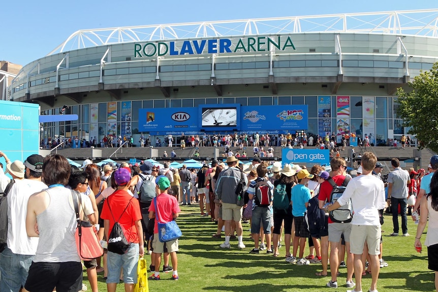 Crowds line up to enter Rod Laver Arena on the first day of the Australian Open in Melbourne on January 16, 2012.