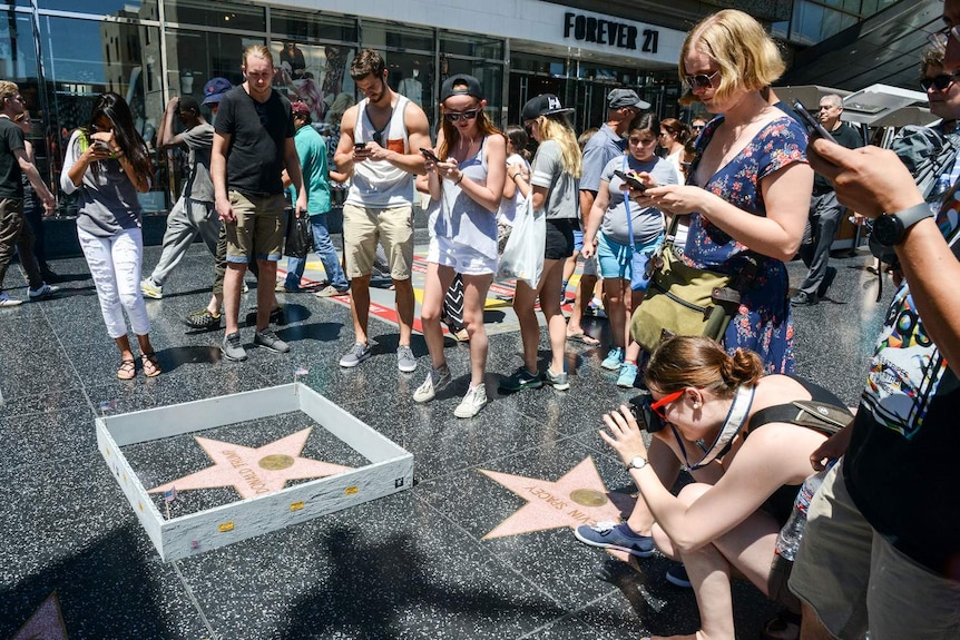 Tourists take photos of tiny wall constructed around Donald Trump's Hollywood Walk of Fame star.