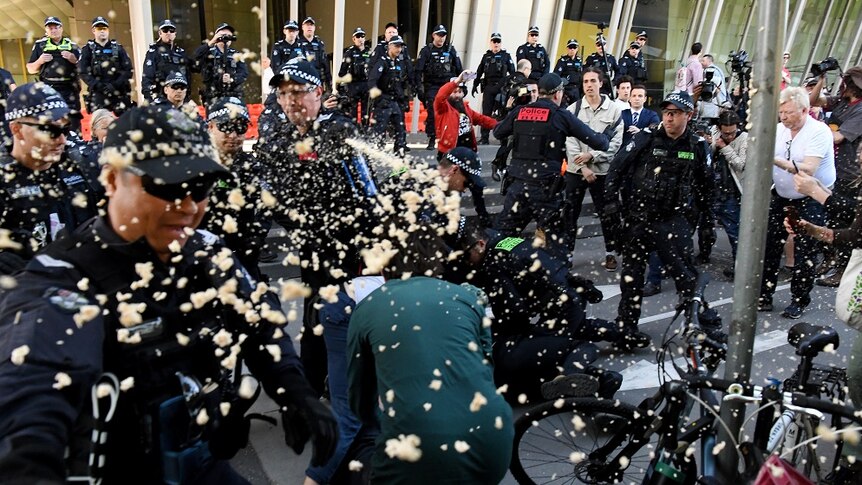 Dozens of police officers, protesters, and media on the steps of the convention centre surrounded by pepper spray.