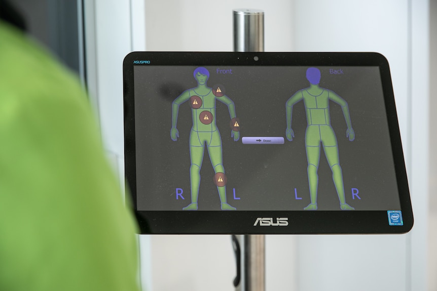 A computer screen depicts the shape of a body with red alerts in various areas.