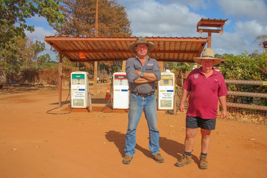 Archer River Roadhouse owners Brad Allan and Hugh Atherton looking at the camera at their roadhouse on the Cape York Peninsula.