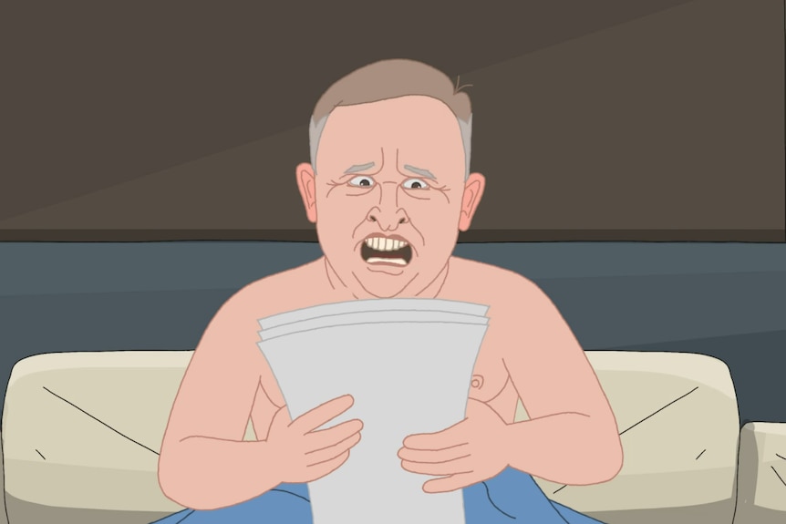 un dessin animé d'un anthony albanese alité regardant un formulaire de vote