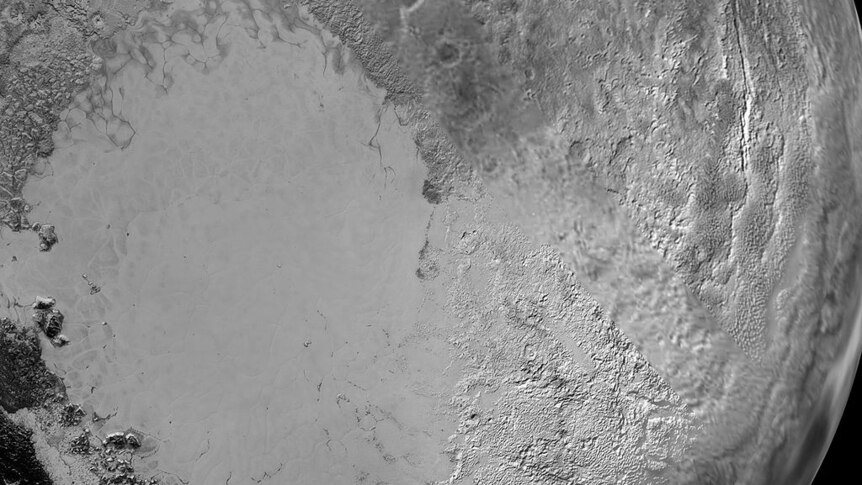 A close up view of the heart-shaped Sputnik Planum region of Pluto showing no evidence of impact craters.