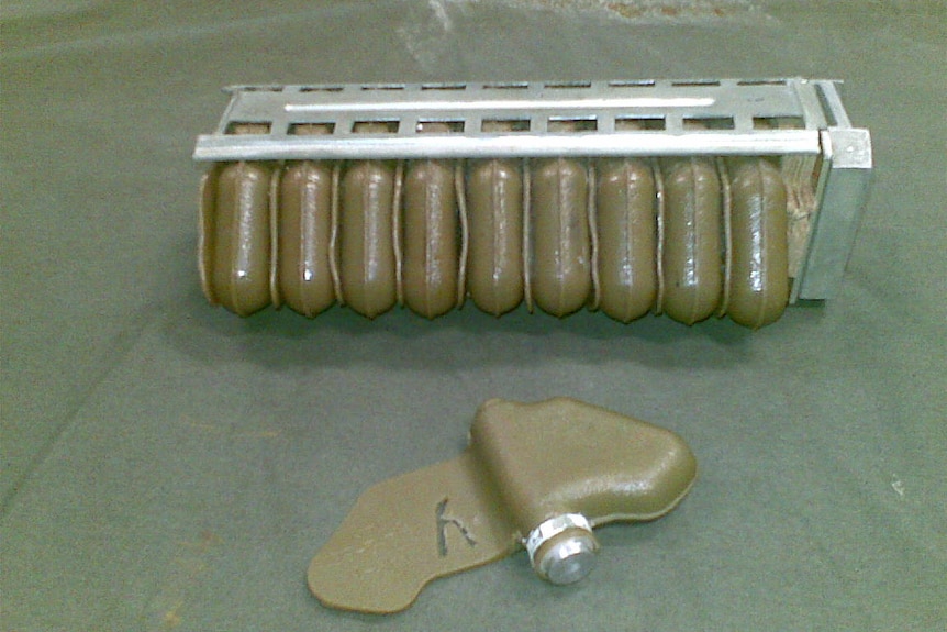 A tray of green PFM mines with one in front. 