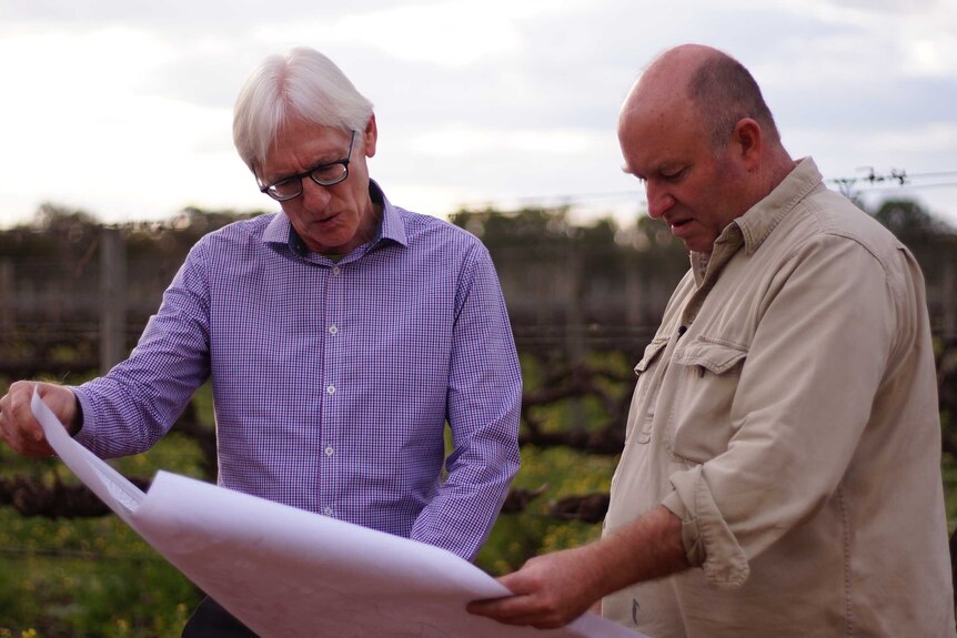 Glynn Ward standing with John Griffiths standing in a vineyard
