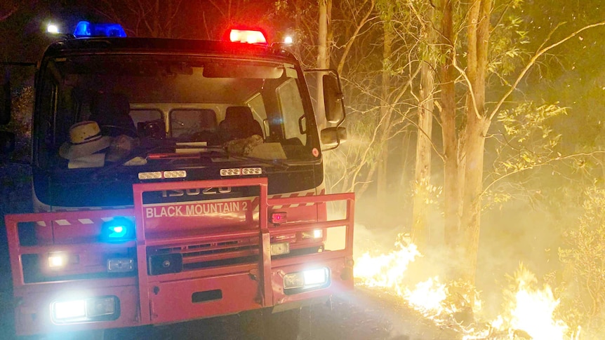 A fire truck stopped on the road next to a fire burning up the mountain.