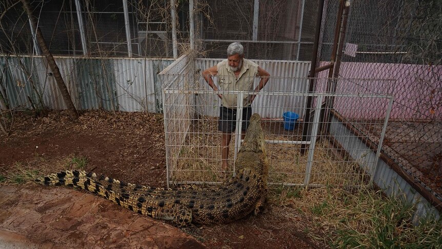 Barry Sharpe, owner of the Larrimah Hotel, with his saltwater crocodile Sneeky Sam