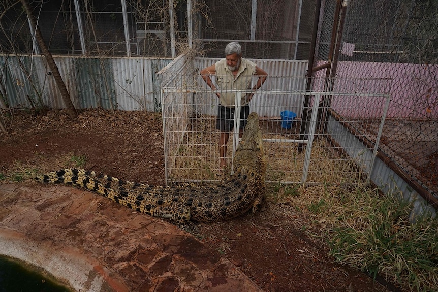 Barry Sharpe, former owner of the Larrimah Hotel, with the saltwater crocodile Sneeky Sam
