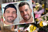 Photo illustration of Luke Davies and Jesse Baird and flowers at the scene where police allege they were killed around sides