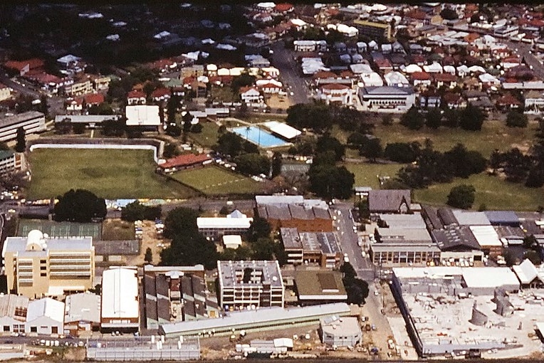 Musgrave Park in the background of the Expo 88 construction site at South Brisbane.