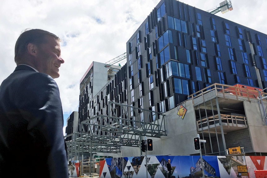 Peter Rathjen across the road from new UTas building