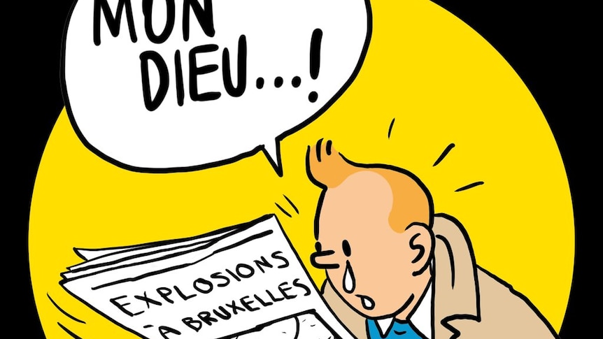 A cartoon of Tintin holding a newspaper, gasping "Mon Dieu".