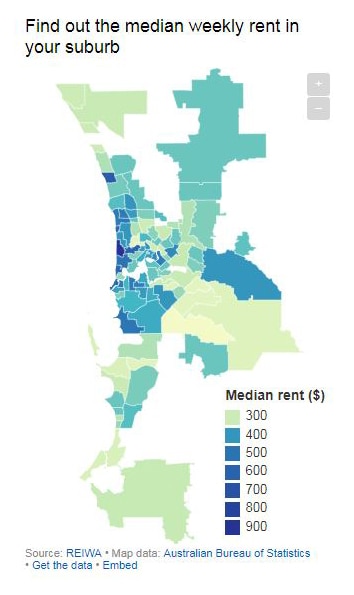 A colour-coded map of Perth showing the median weekly rent across Perth's suburbs.