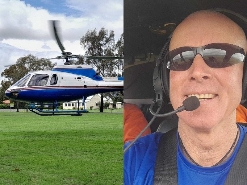 A composite of a helicopter taking off and a bald man wearing headset and dark glasses, blue t-shirt inside helicopter.