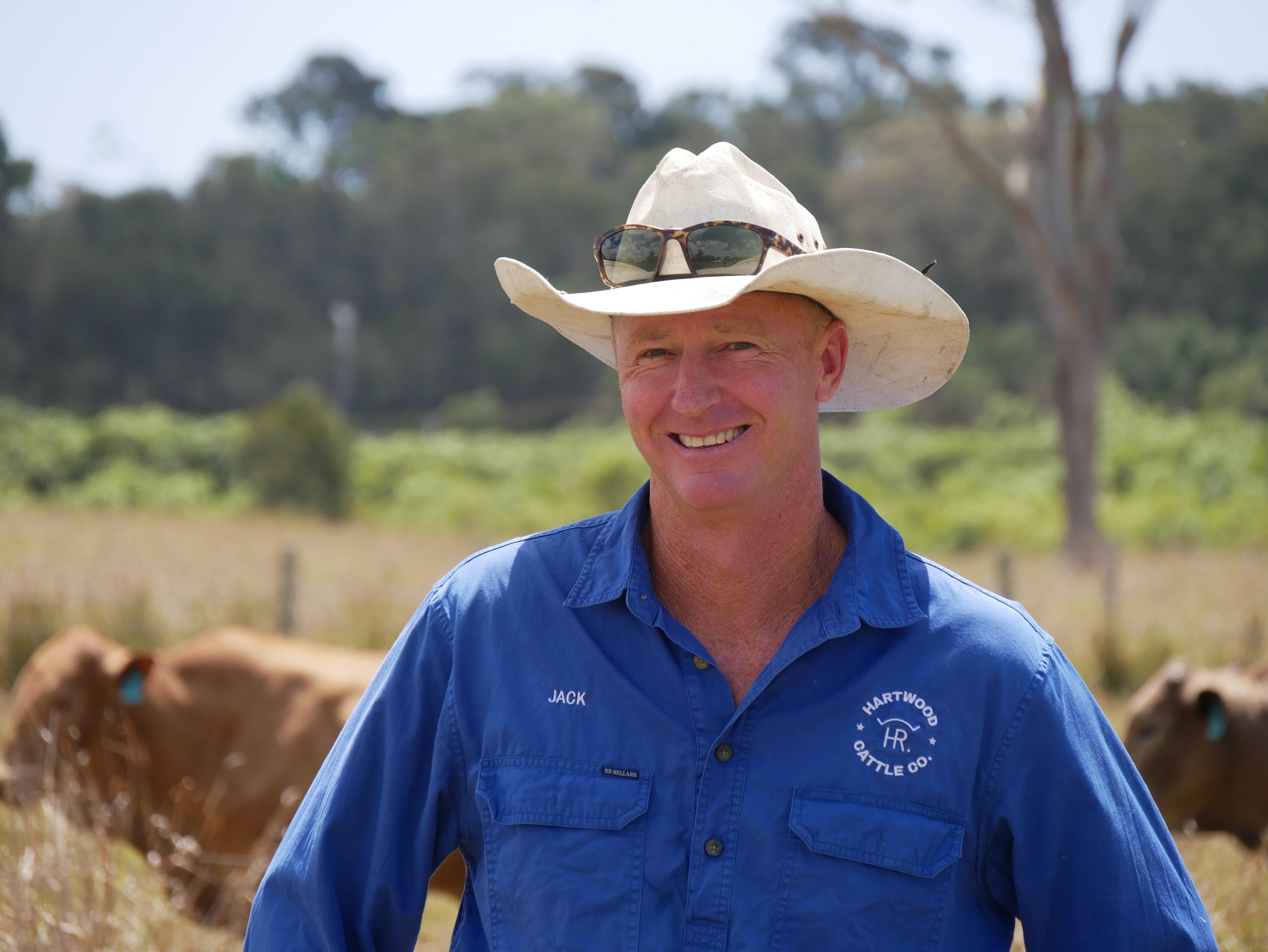 Un hombre que lleva un sombrero Akubra sonríe a la cámara mientras el ganado se encuentra en un prado detrás de él.