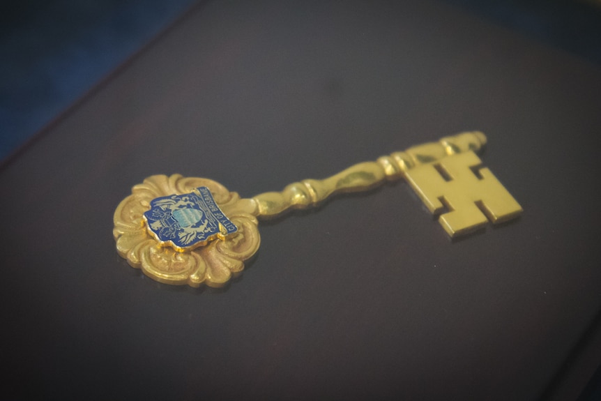 A gold key in a frame.