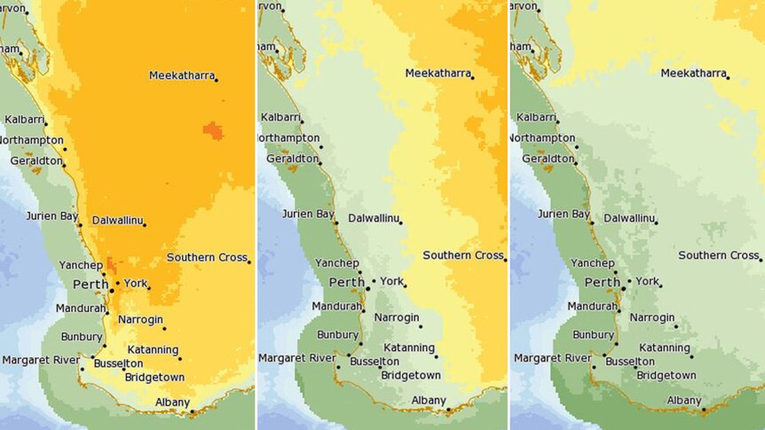Three temperature charts show the WA coastline in orange colour, then moving to a cooler green over the next two days.