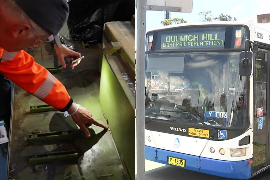 a man pointing at a crack on the floor and a bus driver