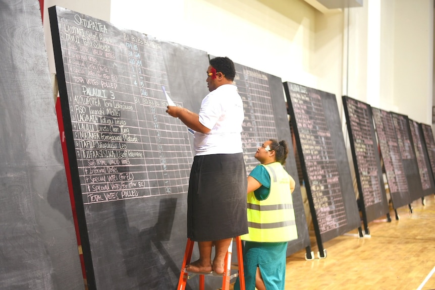 Two people stand at one of many blackboards covered in grids of names and numbers. 