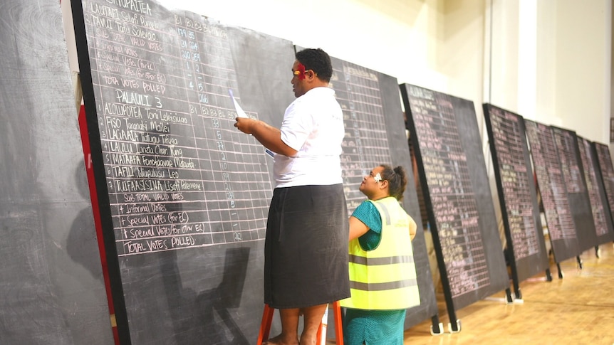 Two people stand at one of many blackboards covered in grids of names and numbers. 