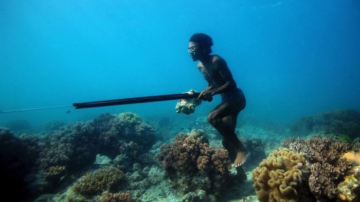 A man appears to be walking under water amongst coral.