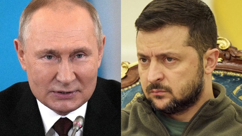 Composite image of Russian President Vladimir Putin and Ukrainian President Volodymyr Zelenskyy.